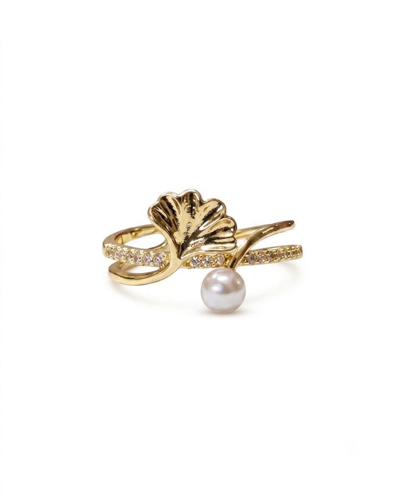 Gingko Leaf Pearl Open Ring